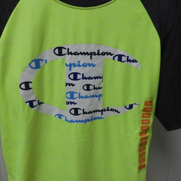 Champion Neon Yellow Logo Script T-Shirt Gray Arms Boys' Sizes 5/6 -18/20 - Picture 4 of 4